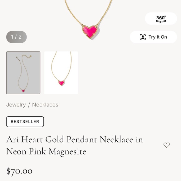 Kendra Scott Gold Necklace with Fuchsia Heart Pendant - Picture 2 of 2
